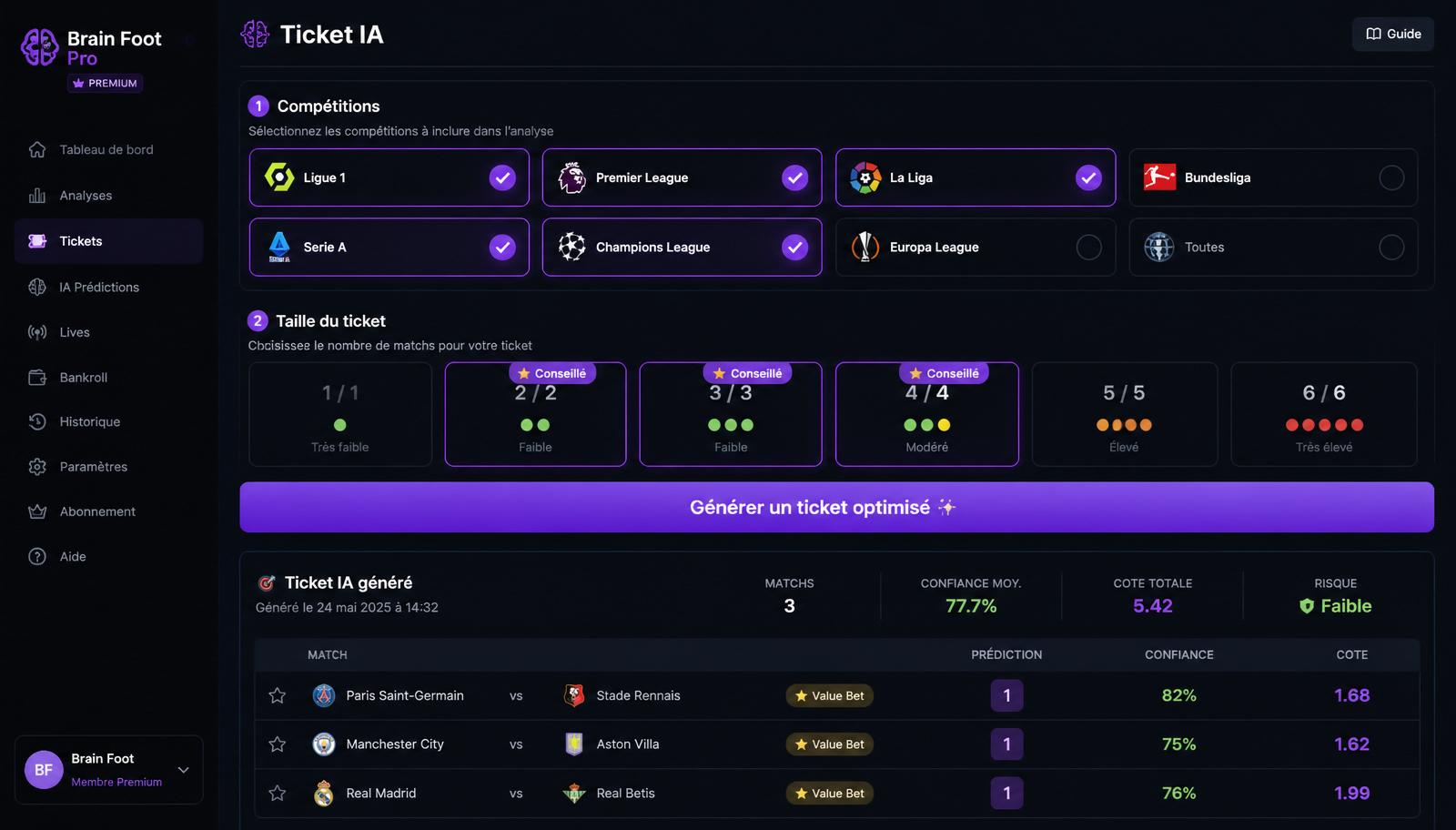 Création de ticket IA football intelligent — interface Brain Foot Pro avec sélection de compétitions, taille du ticket, cote totale et niveau de risque